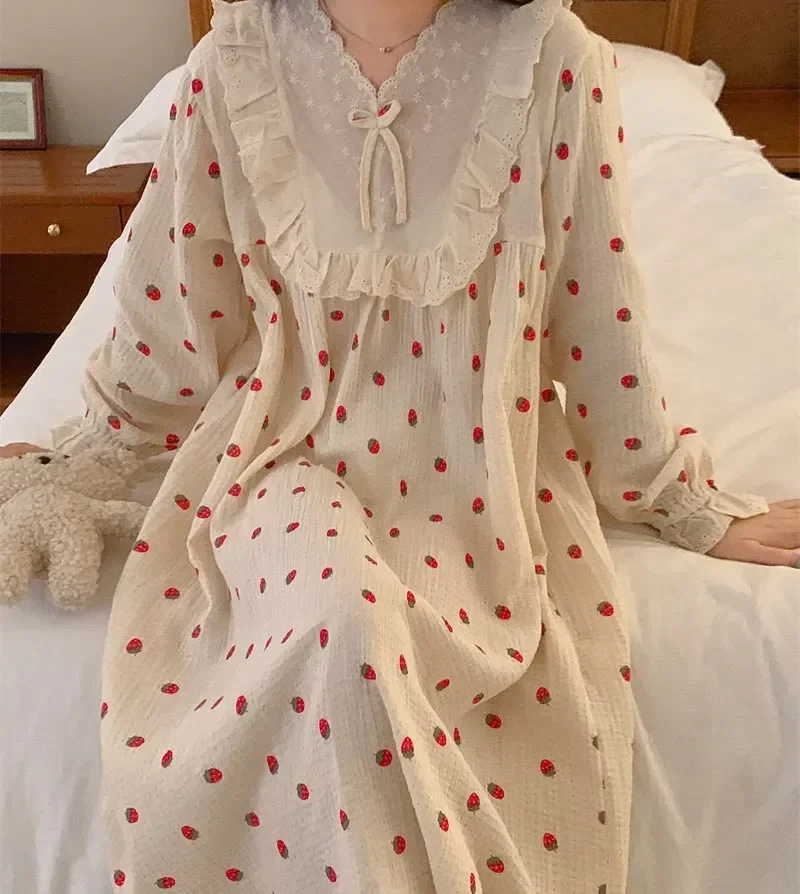 

Ruffle Nightdress Casual Sleeve Print Strawberry Soft Princess Home Long Nightgown Women Comfortable Cotton Sleepdress