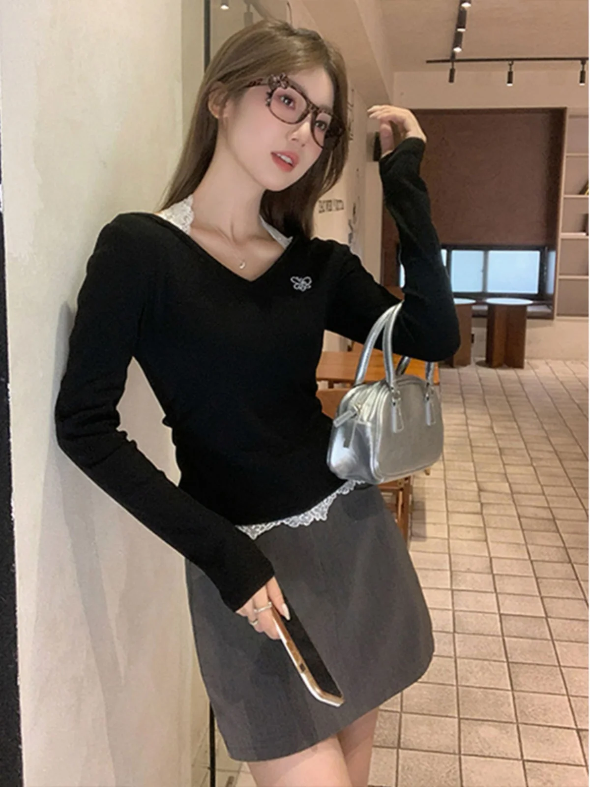 Plus Size Unique Beautiful Small Top Spring and Autumn Pure Desire Lace Hanging Neck Fake Two Pieces Long sleeve Black Waist ...