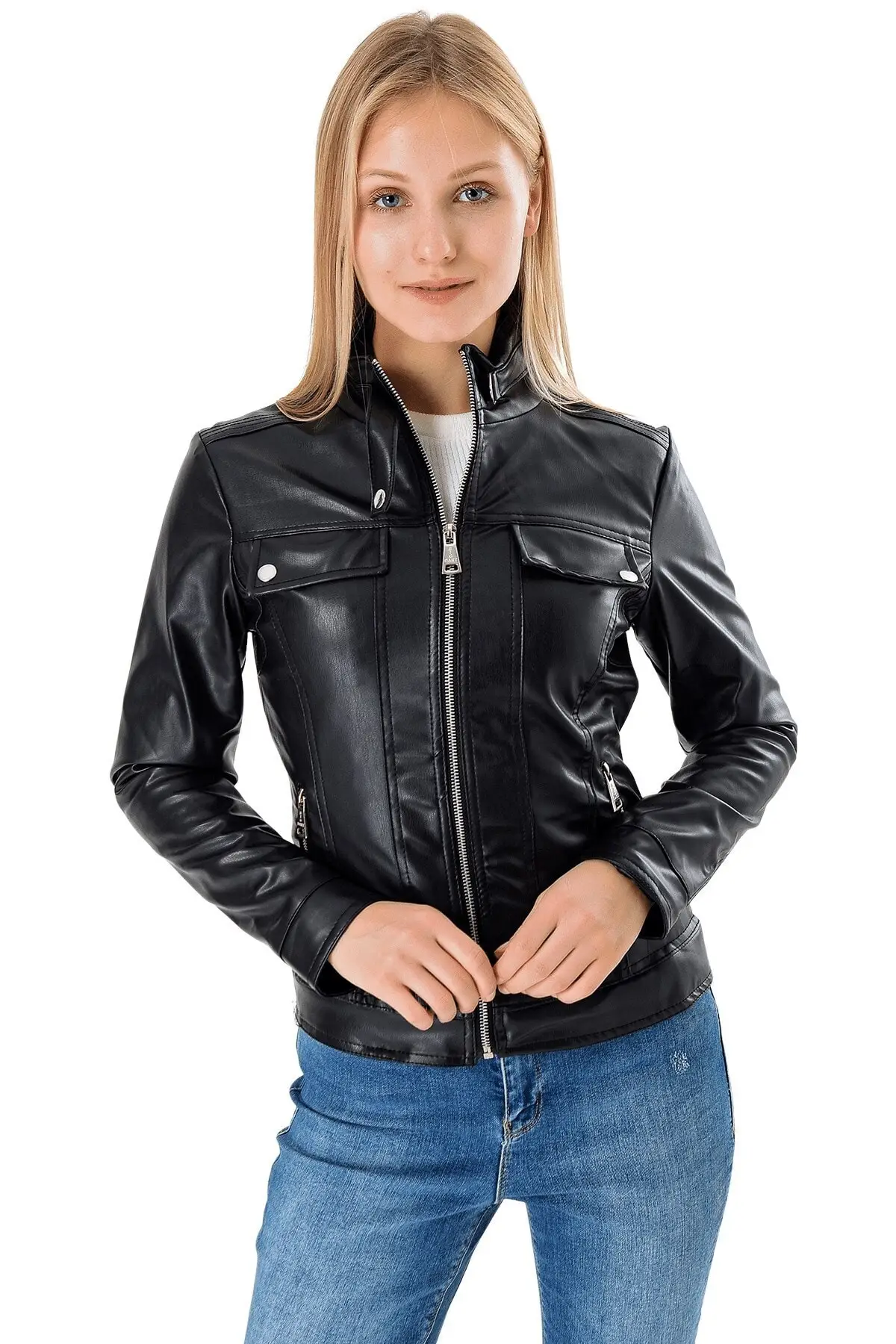 

Women's Black Pocket Clamshell Biker Leather Coat Personalized Design
