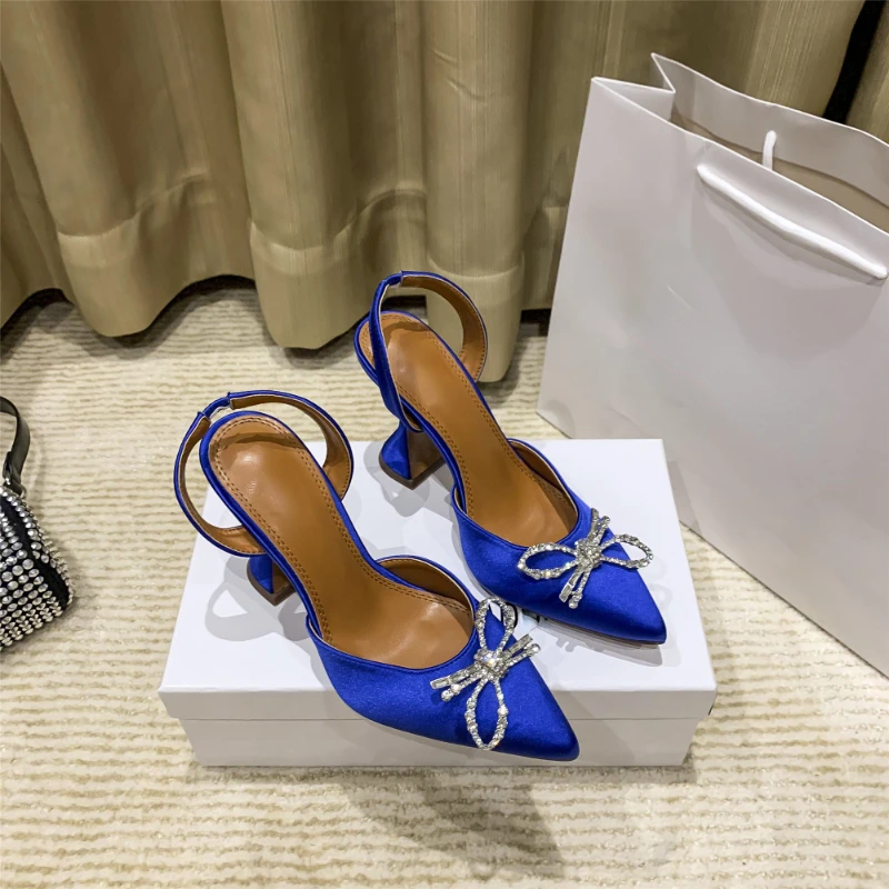 Pointed Toe High Heels Woman Summer 2023 Niche Baotou Women's Shoes Bow Rhinestone Sandals Woman