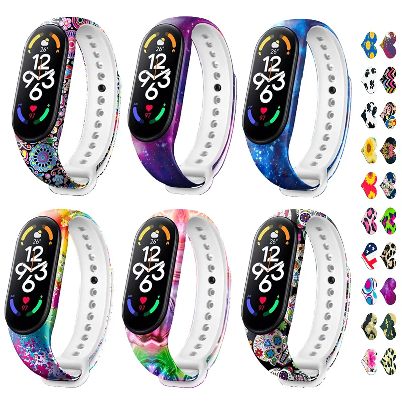 

Силиконовый спортивный ремешок для Xiaomi Mi Band 7 6, ремешок для часов с рисунком, сменный ремешок для mi band 3 4 5 8, ремешок для часов