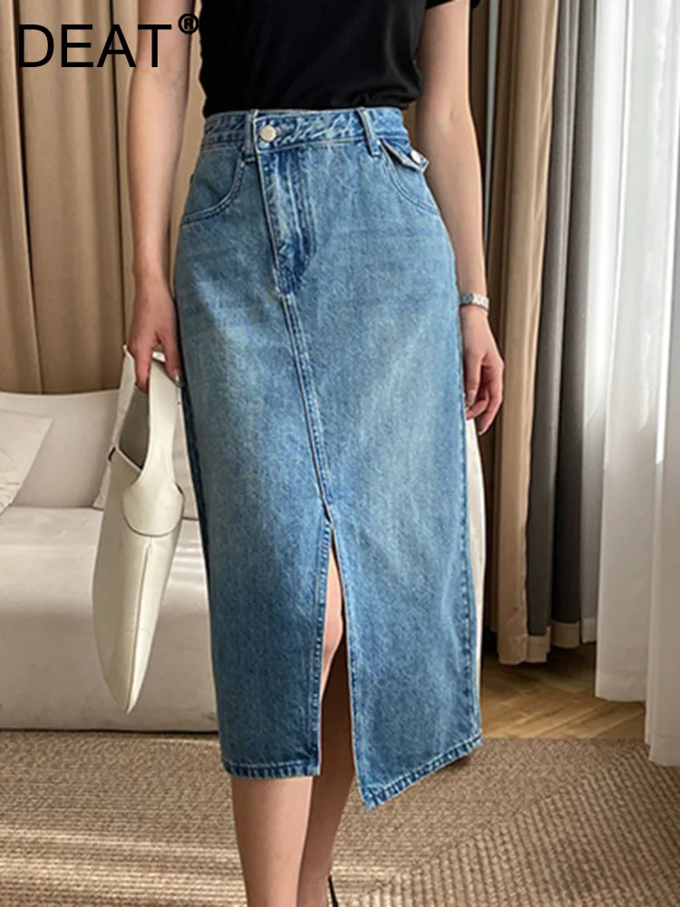 

DEAT Fashion Women's Skirt High Waist Split Asymmetric Solid Color Mid-Calf Length A-line Denim Skirt Summer 2023 New 17A7486