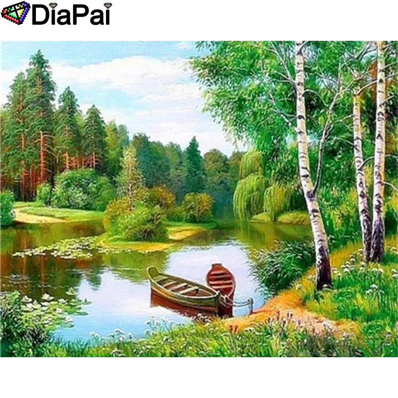 

Полноразмерная Алмазная 5D картина DIAPAI «сделай сам», вышивка крестиком, «пейзаж, дерево, лодка», подарок для домашнего декора