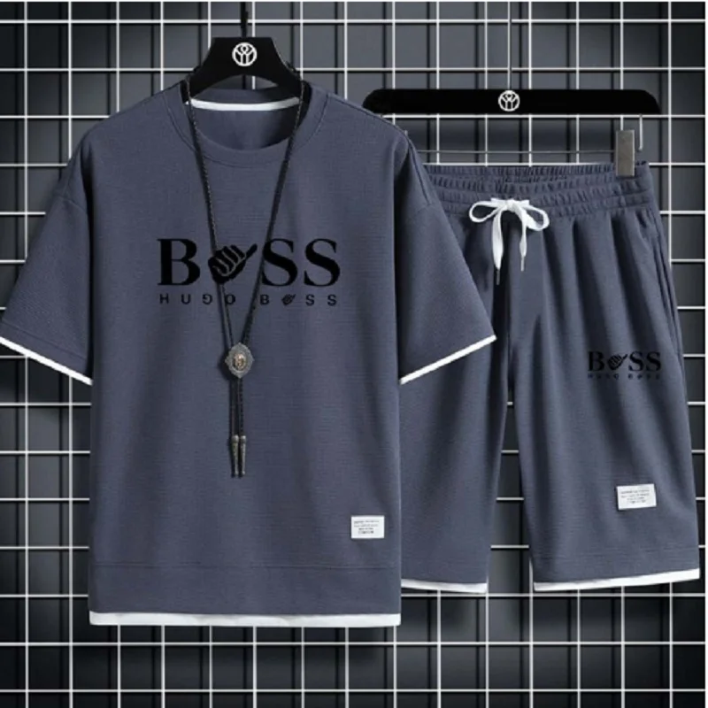 Men's Two Piece Linen Casual T-shirt and Shorts Set Loose Size Sports Set Fashion Short Sleeve Sports Set Men's Set