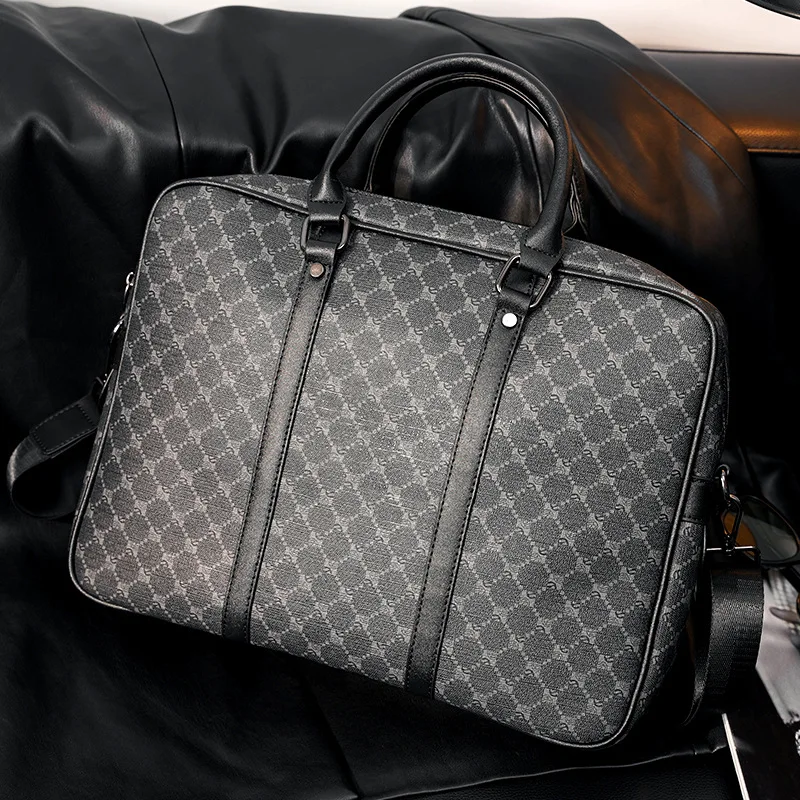 New Classic Fashion Men Briefcase Famous Brand Design Plaid PU Leather Laptop Handbag Male Office Business Travel Bags
