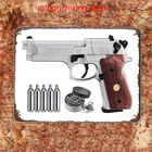Пневматический пистолет Beretta M92FS с резервуарами CO2 5x12 и комплектом свинцовых гранул 500 карат (никельдерево + аксессуары), настенный жестяной знак