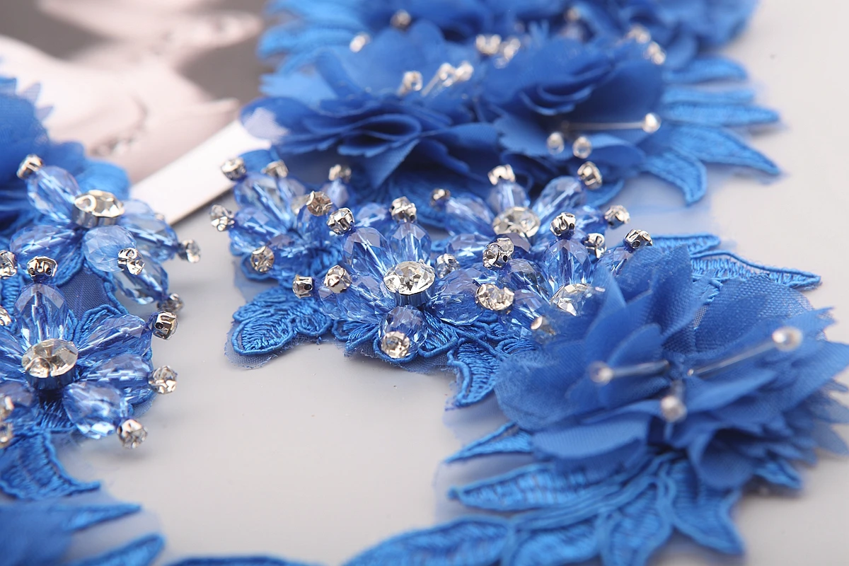 10 Color Beaded Sequins 3D Decals Mirror Flower Lace Fabric Evening Dress Front Chest Back Applique Patch Decoration
