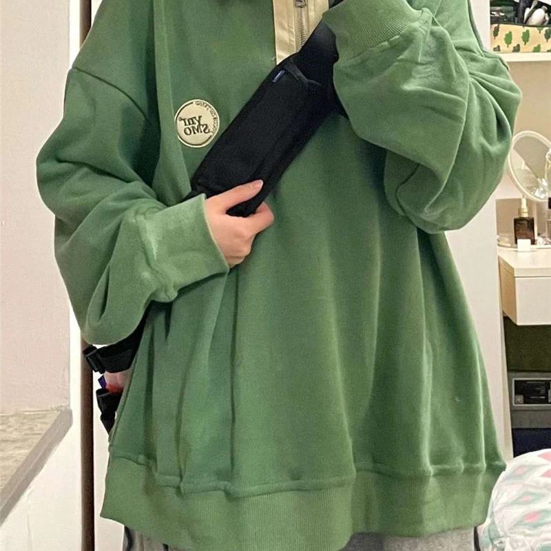 

Korean Fashion Zipper Polo Neck Hoodies For Women Autumn Fleece Long Sleeve Green Sweatshirt Female Letter Pirnted Loose Hoodie