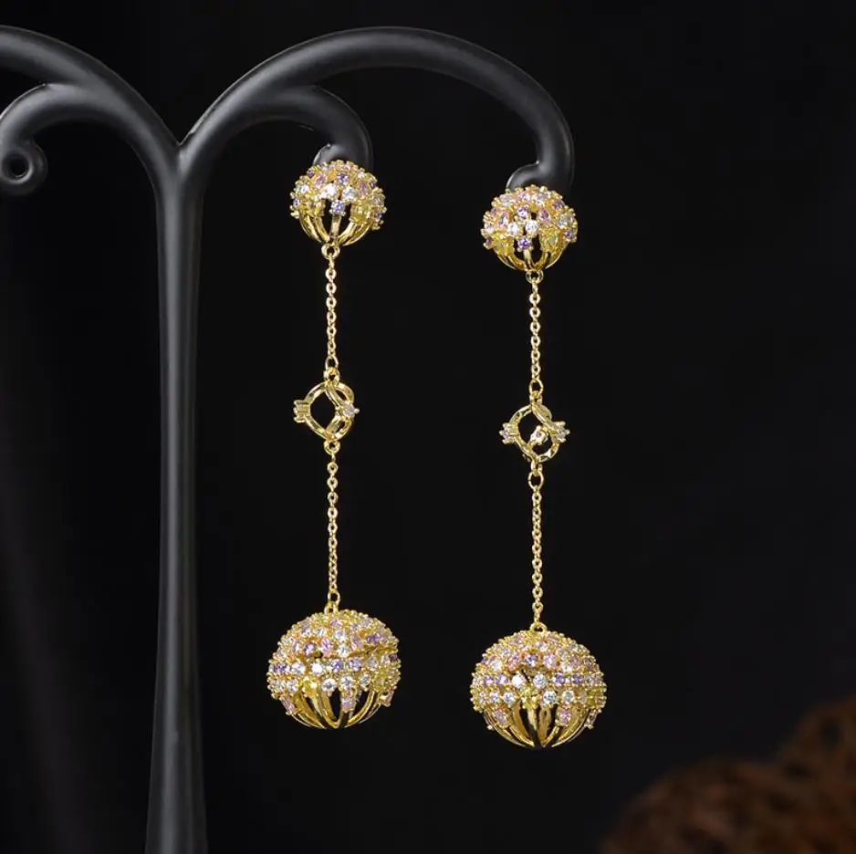

Shiny Zircon golden Hollow Ball Earrings for women Premium Long Tassel lady banquet Stud Earrings fancy gift