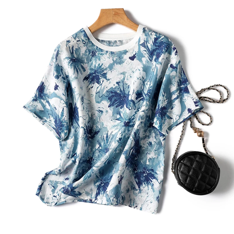 

Silk Women's T-shirt Summer 2023 New Printed Loose Satin Tees Short Sleeves Top Ladies O-neck Patchwork Clothing YCMYUNYAN