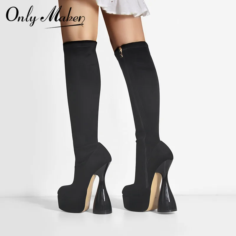 Onlymaker Platform Knee High Boots Black Flock High Elastic Spike Heels Side Zipper Boots Lady Big Size Big Size Fashion Boots