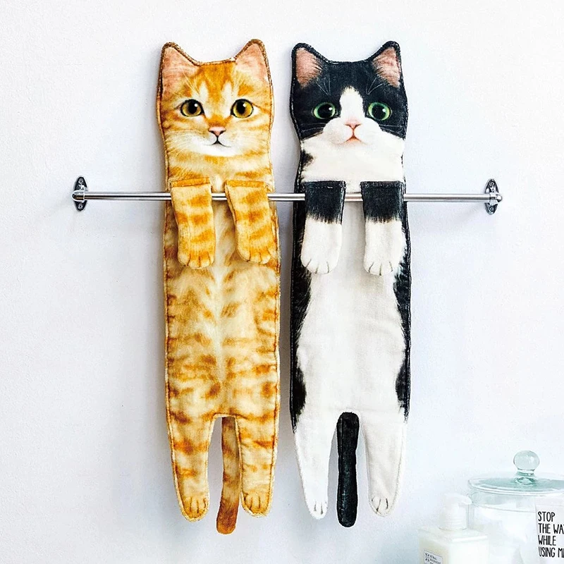 

Funny Cat Hand Towels Bathroom Ball with Hanging Loops Soft Absorbent Microfiber Quick Dry Creative Towels Kitchen