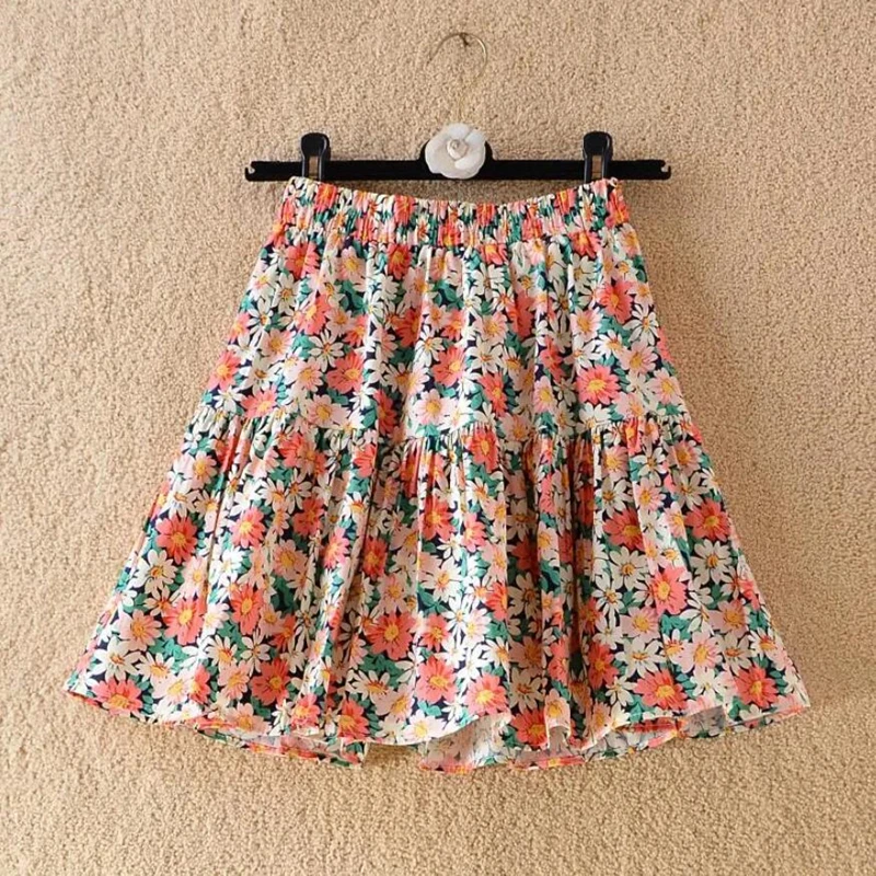 Summer Women Hight Waist Flower Mini Skirts Ladies A-line Floral Printed Splicing Short Skirts For Female