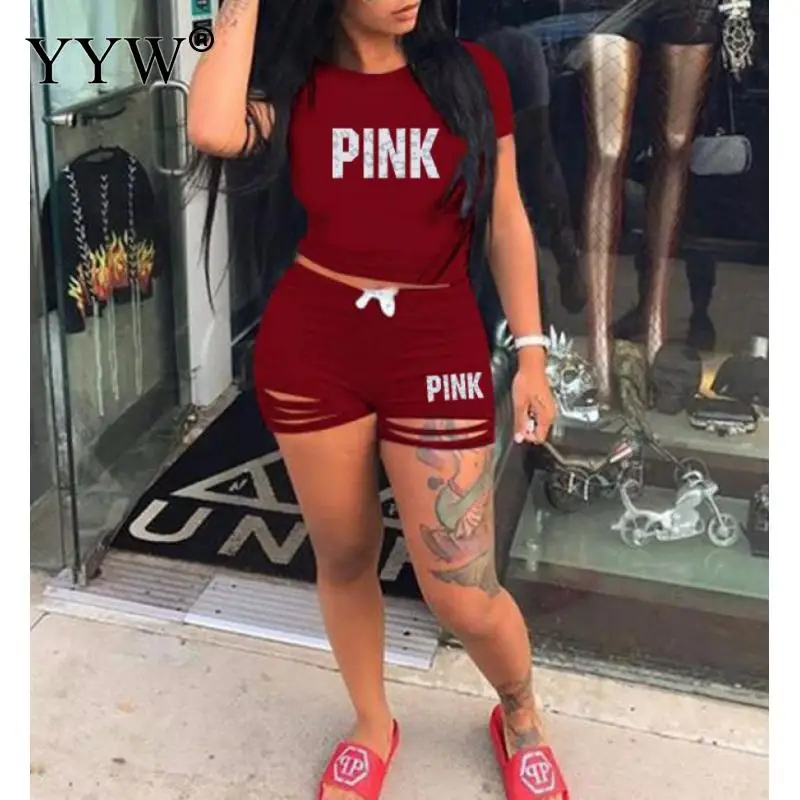 

2022 PINK Letter Print Casual Bodycon Sweatsuit 2 Piece Set Joggers Sporty Outfits Women'S Summer Short Sleeve Tracksuit Sets