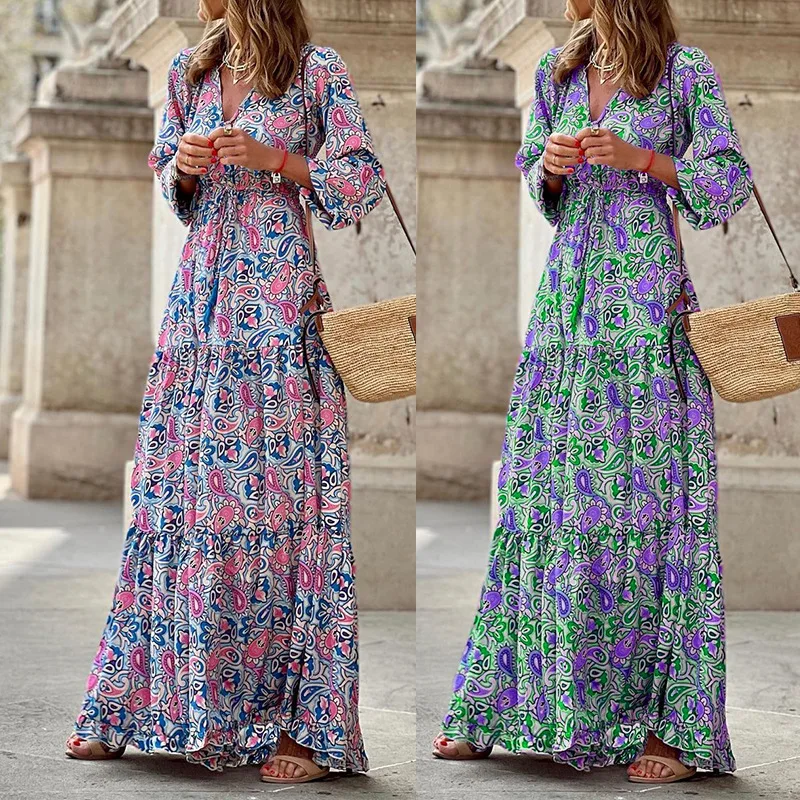 

Autumn New Fashion Women's Printed V-neck Long Sleeve Mid Length Bohemian Dress Elegant Women Lace Up Vintage Losse Fit Dresses