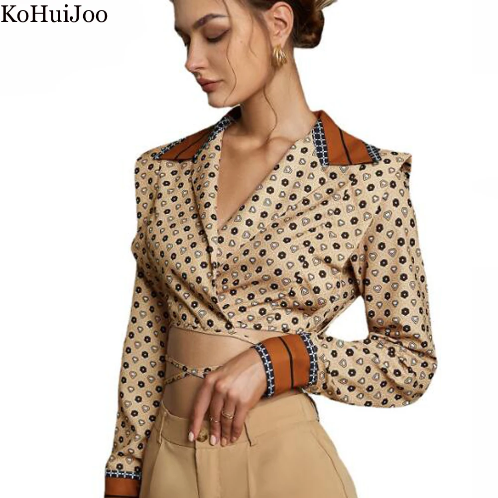 

KoHuiJoo Elegant Women's Blouses Fashion 2022 Long Sleeve Printed Lace Up Sexy Short Top Turn-down Collar Printing Shirt Autumn