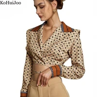 kohuijoo elegant womens blouses fashion 2022 long sleeve printed lace up sexy short top turn down collar printing shirt autumn
