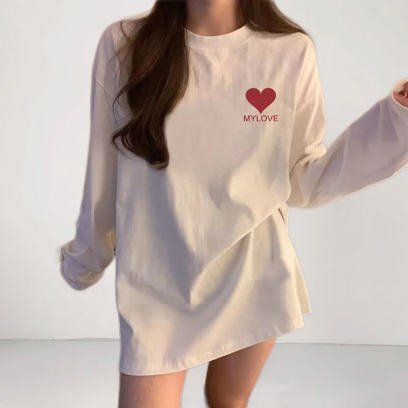 

White T Shirt Long Sleeve Loose Oversize Tees for Women 2023 Spring Printed Love O-neck Lady Casual Cotton Tops Female LT06