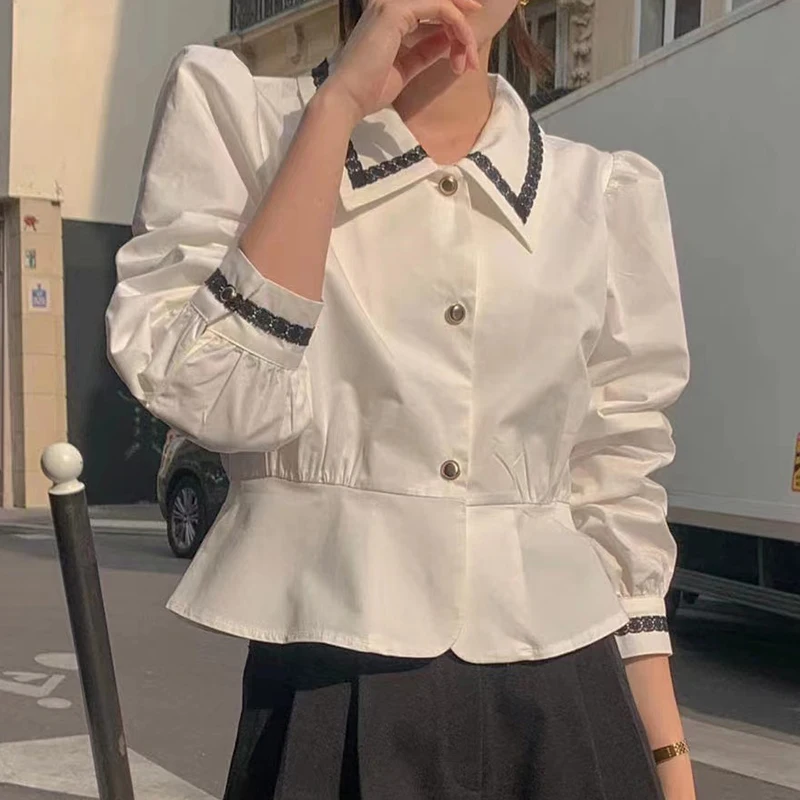 

Korean Style Slim Waist Shirts Women Autumn Puff Sleeve Turn Down Collar Sweet Elegant Fashion Casual Simple Chemise Femme Chic