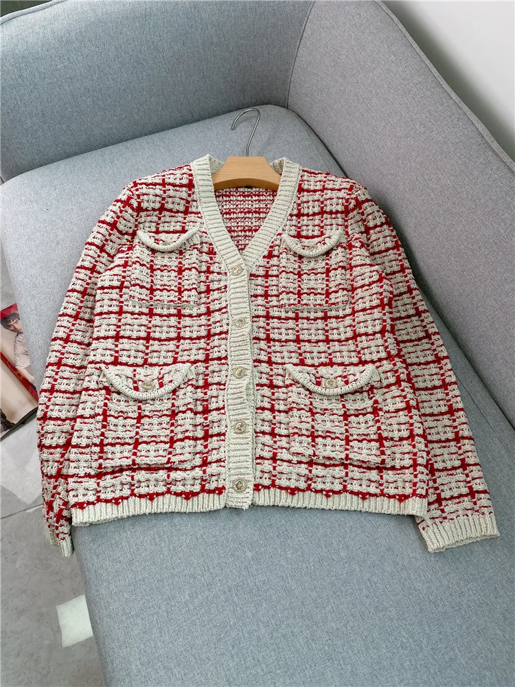 Thousand Bird Check Tweed V-neck Sweater Cardigan 2022 Winter Commuter Single Breasted Loose Long Sleeve Sweater Coat Women