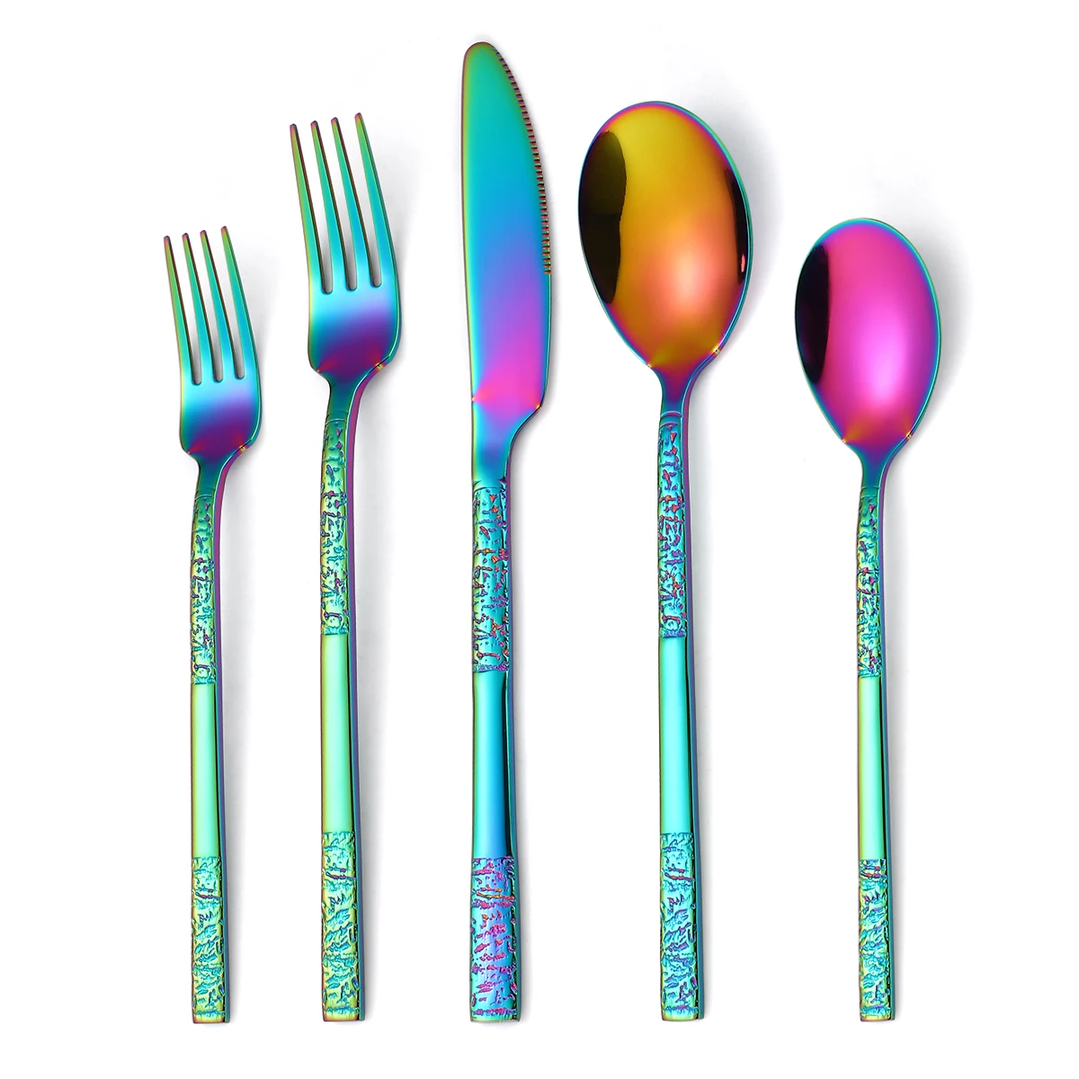 Фото A · HOUSEWARE Радужное серебро, элегантный набор стальных столовых приборов из 40 предметов для 8 столовых приборов с каменным узором и ручкой, уникальный текстурированный дизайн №2