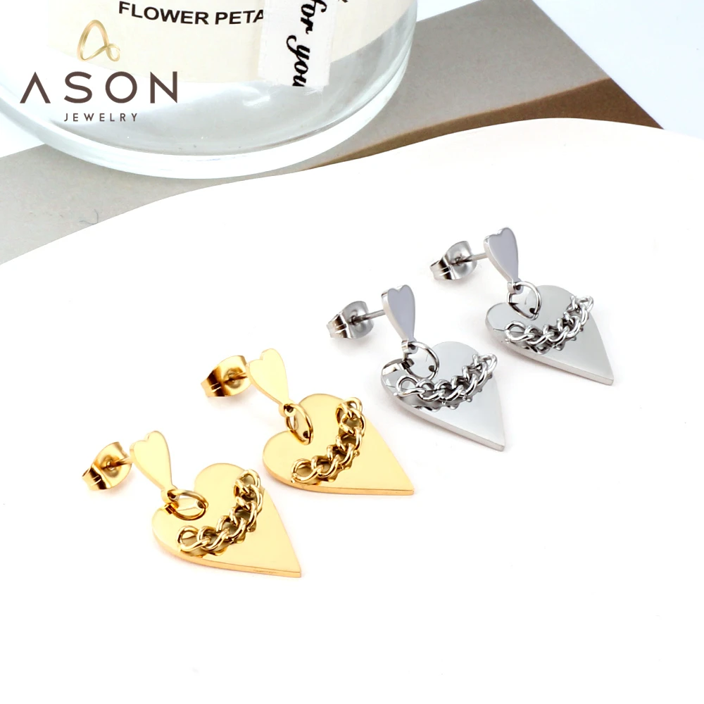

ASONSTEEL Gold Color Stainless Steel Heart Shape Accessory Pandent Chians Drop Earrings For Women Fashion Jewelry Wedding Party