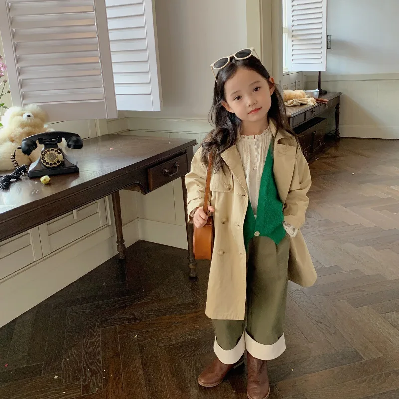 Autumn Girls Trench coats solid color long style Windbreaker Kids double-breasted casual outerwear