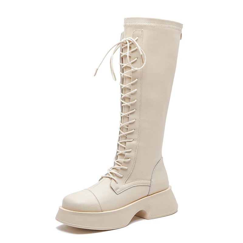 

Knight Leather Boots for Women Winter 2022 Trend White Knee High Long Woman Boots Chunky Elegant Woman Sneakers Lace Up Fashion