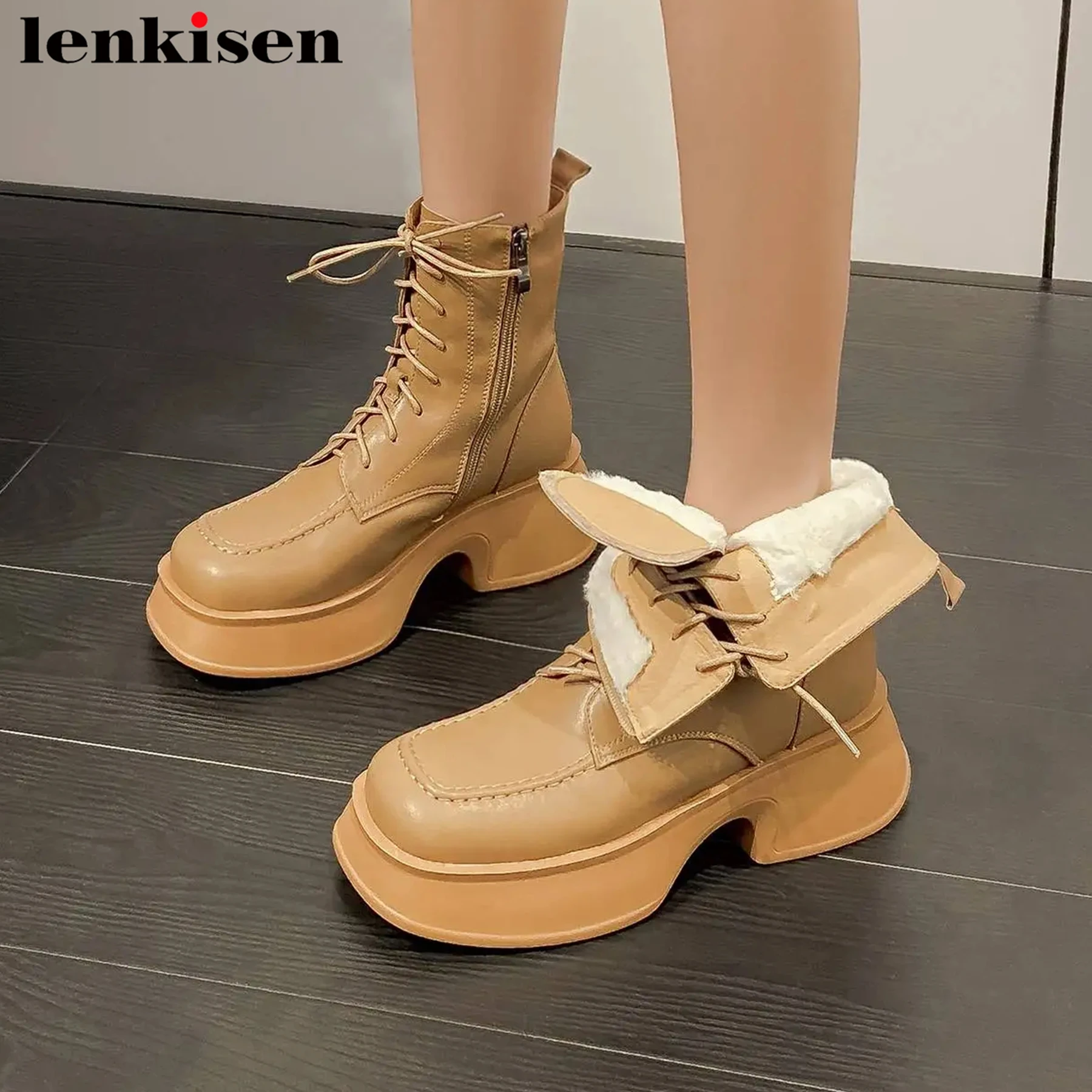 

Lenkisen Keep Warm Wool Cow Leather Round Toe Platform Snow Boots Fur Cross-tied Casual Classics Winter Motorcycles Ankle Boots