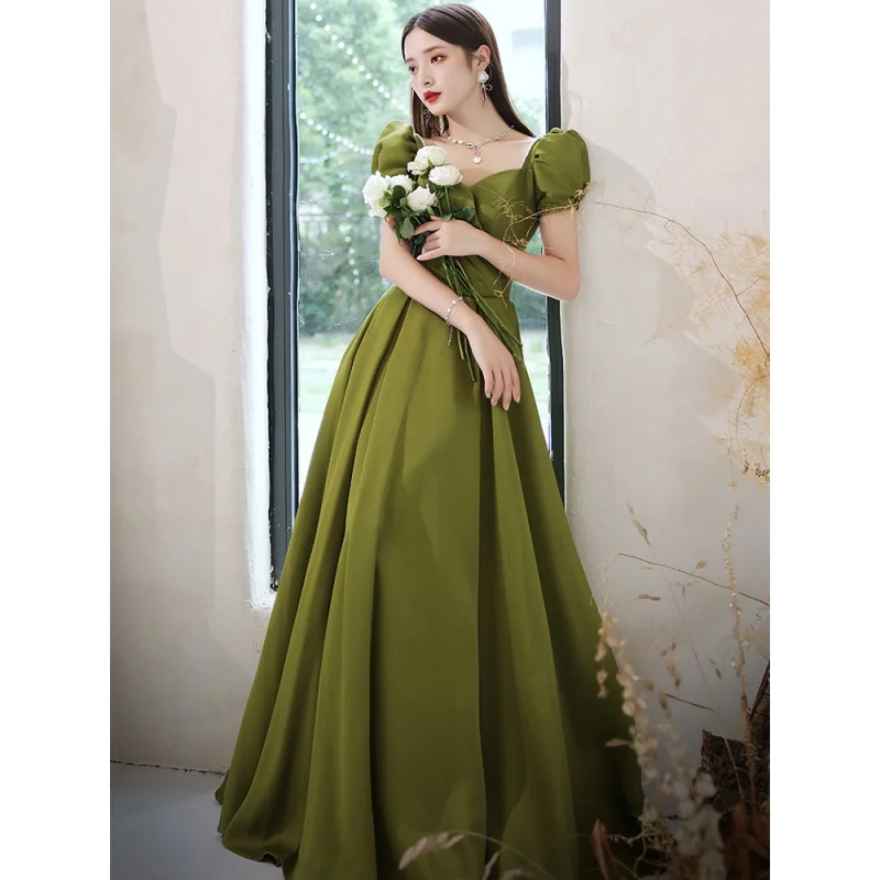 

Green Satin Evening Dress for Women Banquet Temperament High-End Summer Dress L0788