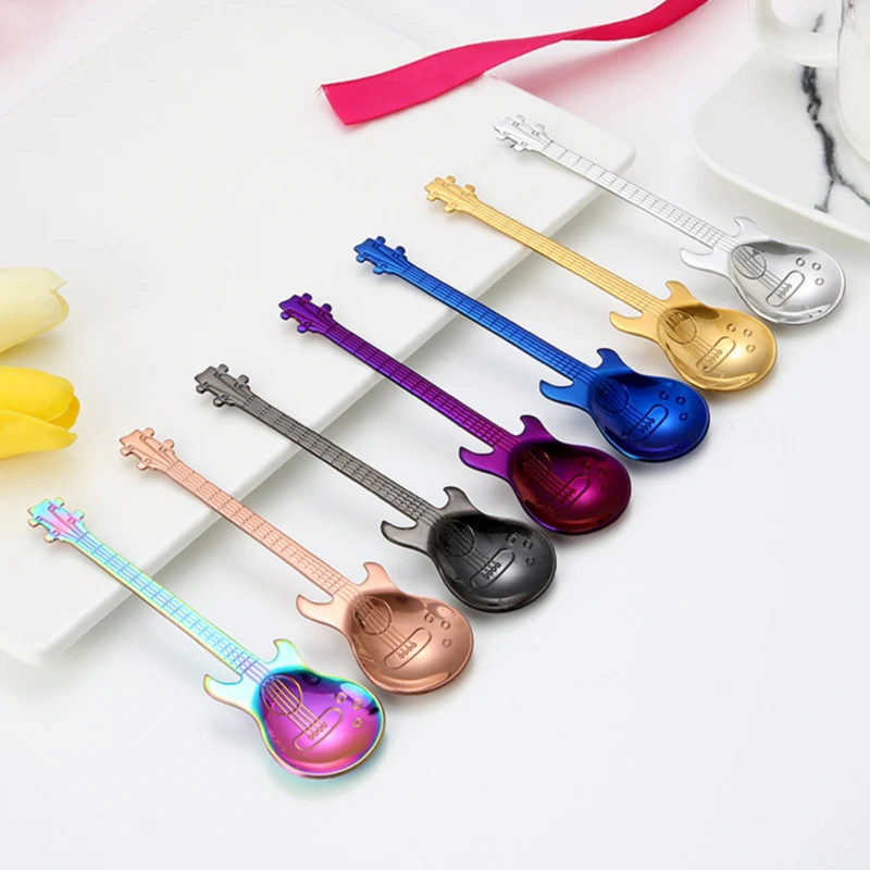 

Stainless Steel Guitar Shaped Love Coffee Spoon Teaspoon Children Spoon New Beautiful 7 Colors Coffee Tea Use