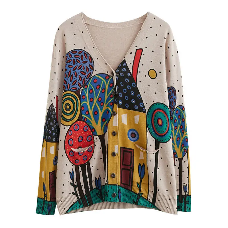 

Spring and Autumn Women's V-neck Sweater Loose Lazy Cardigan Jacket Printed Knitwear Women's Outerwear