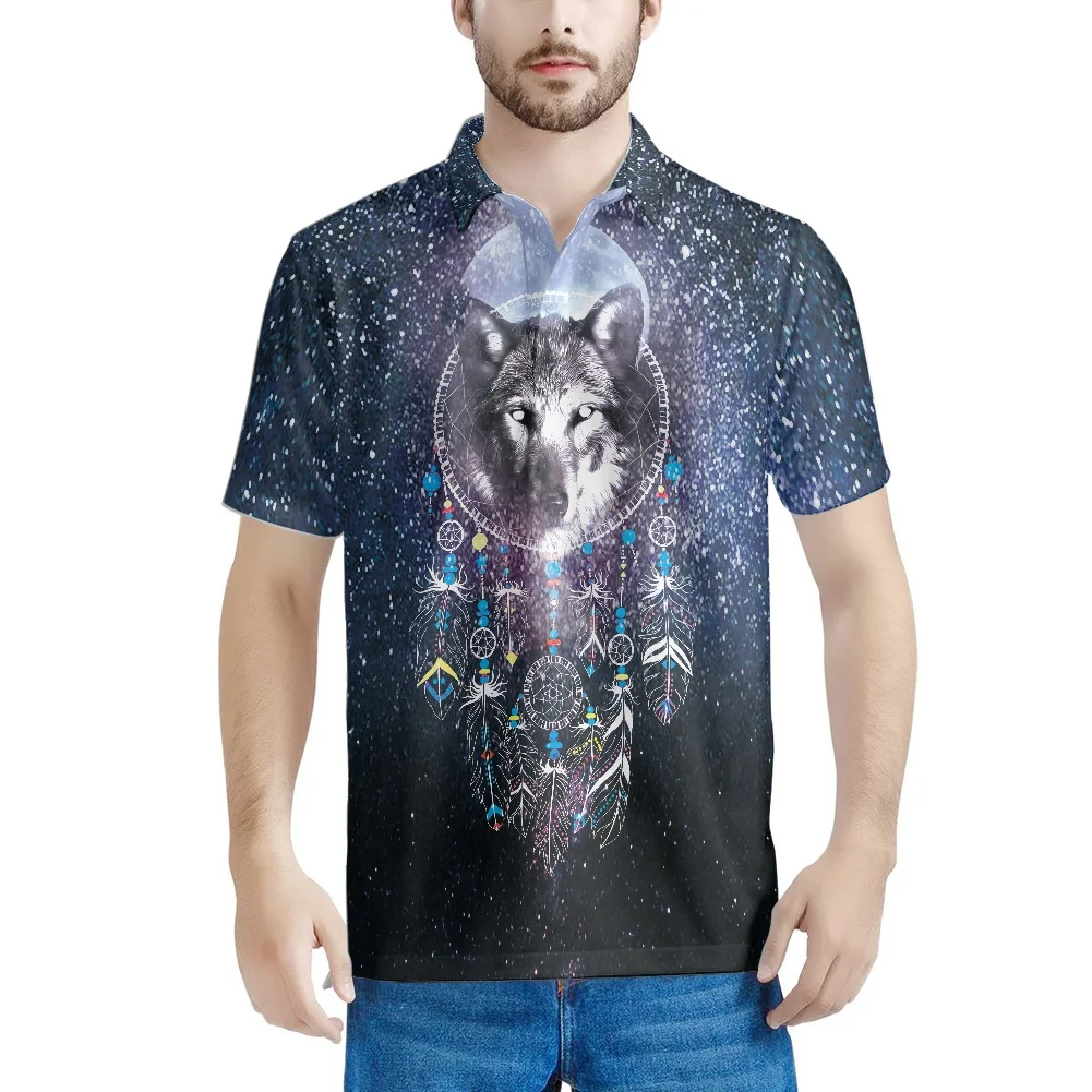 

Ловец снов, индийский узор, волк, галактика, высокое качество, мужские рубашки-поло, короткий рукав, повседневные мужские модные летние мужс...