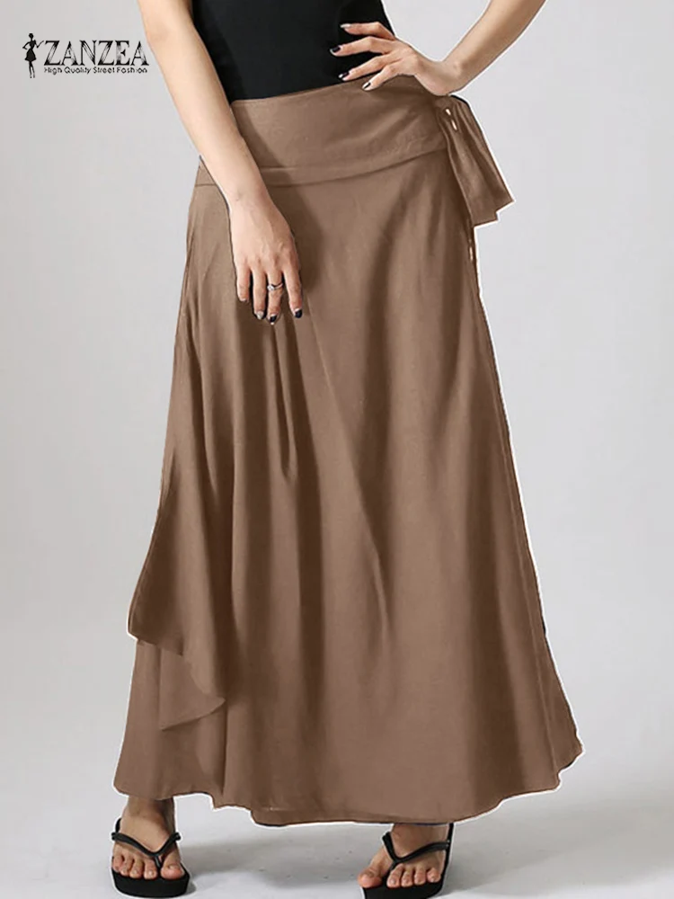 

ZANZEA A-line Asymmetrical Solid Faldas Saia Dress Lace-Up Elastic Waist Casual Fashion Sundress Women Spring Summer Long Skirt