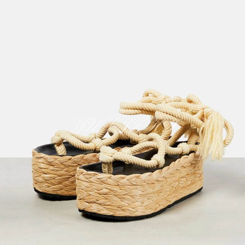 Apricot High Flat Espadarille Women Woven Cross Strap Sandals Open Tassel-Tie Gladiator Slingback Round Toe Hollow Casual Shoes