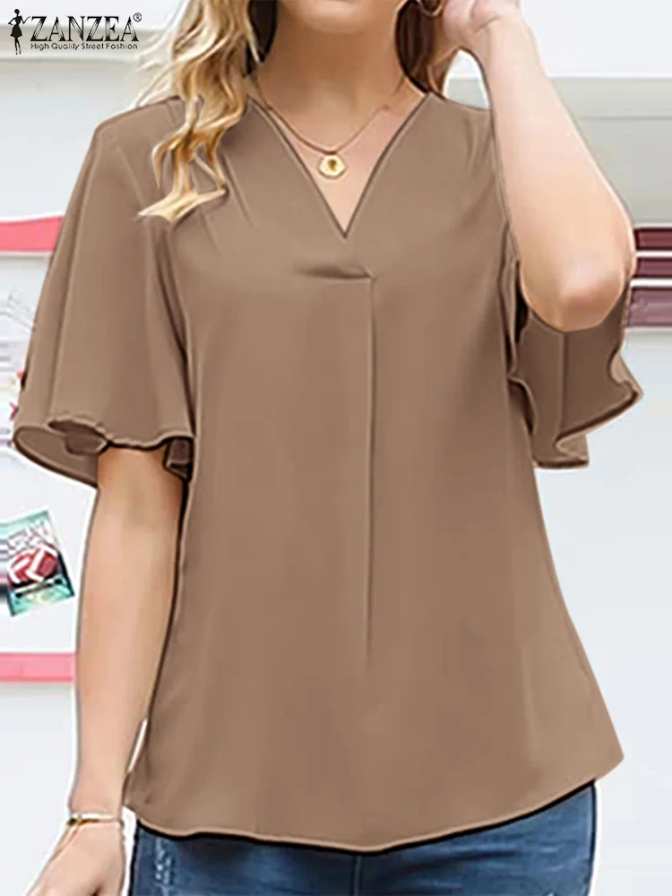 

Elegant Women V Neck Short Sleeve Office Lady Blouse ZANZEA 2022 Fashion Casual Solid OL Shirt Blusas Femininas Tunic Tops Mujer