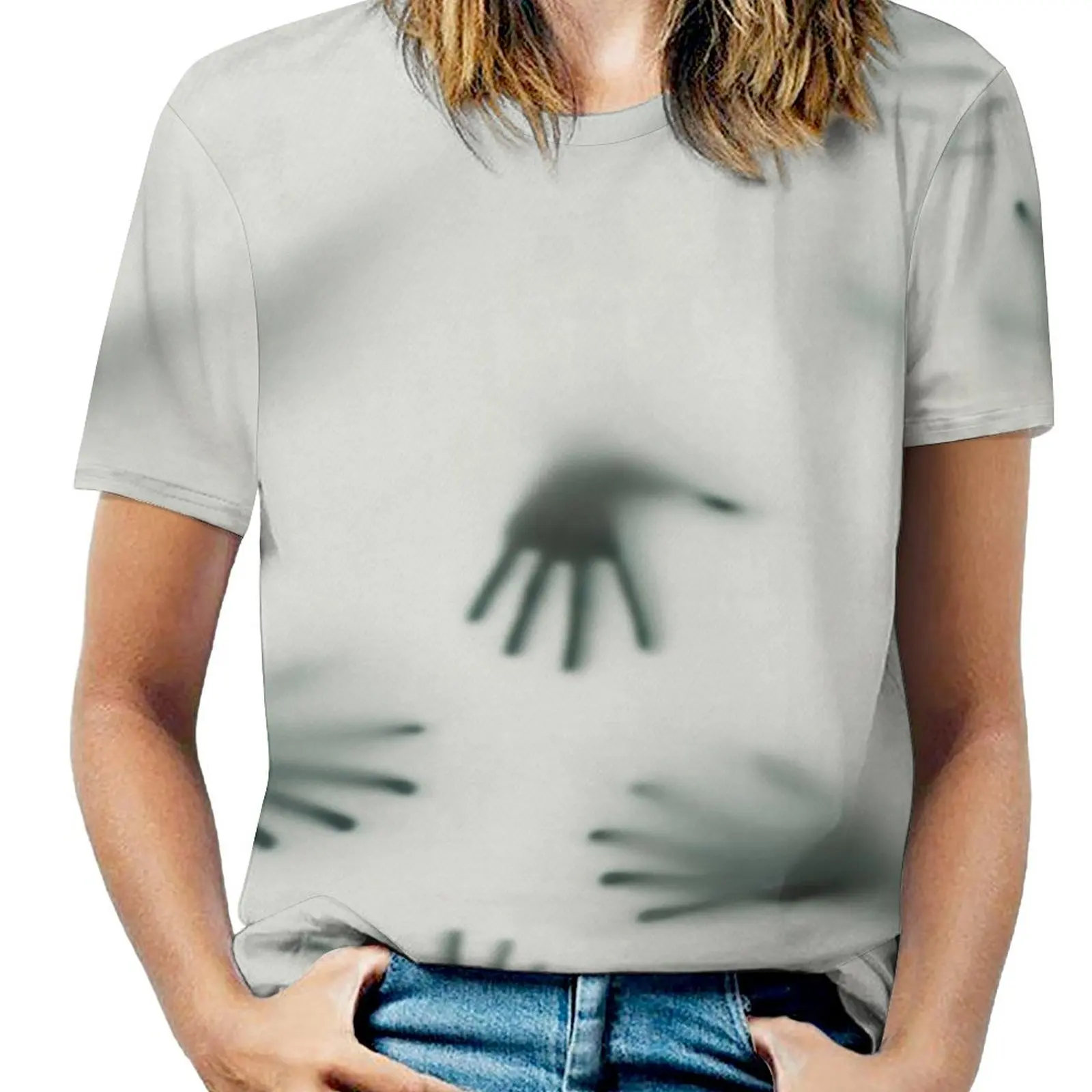 

Frightening Hands Arms Ghost Shadow Alien Spirit Touch Mist Strangers Work of Art Novelty Travel T-shirt Round Neck Motion Humo