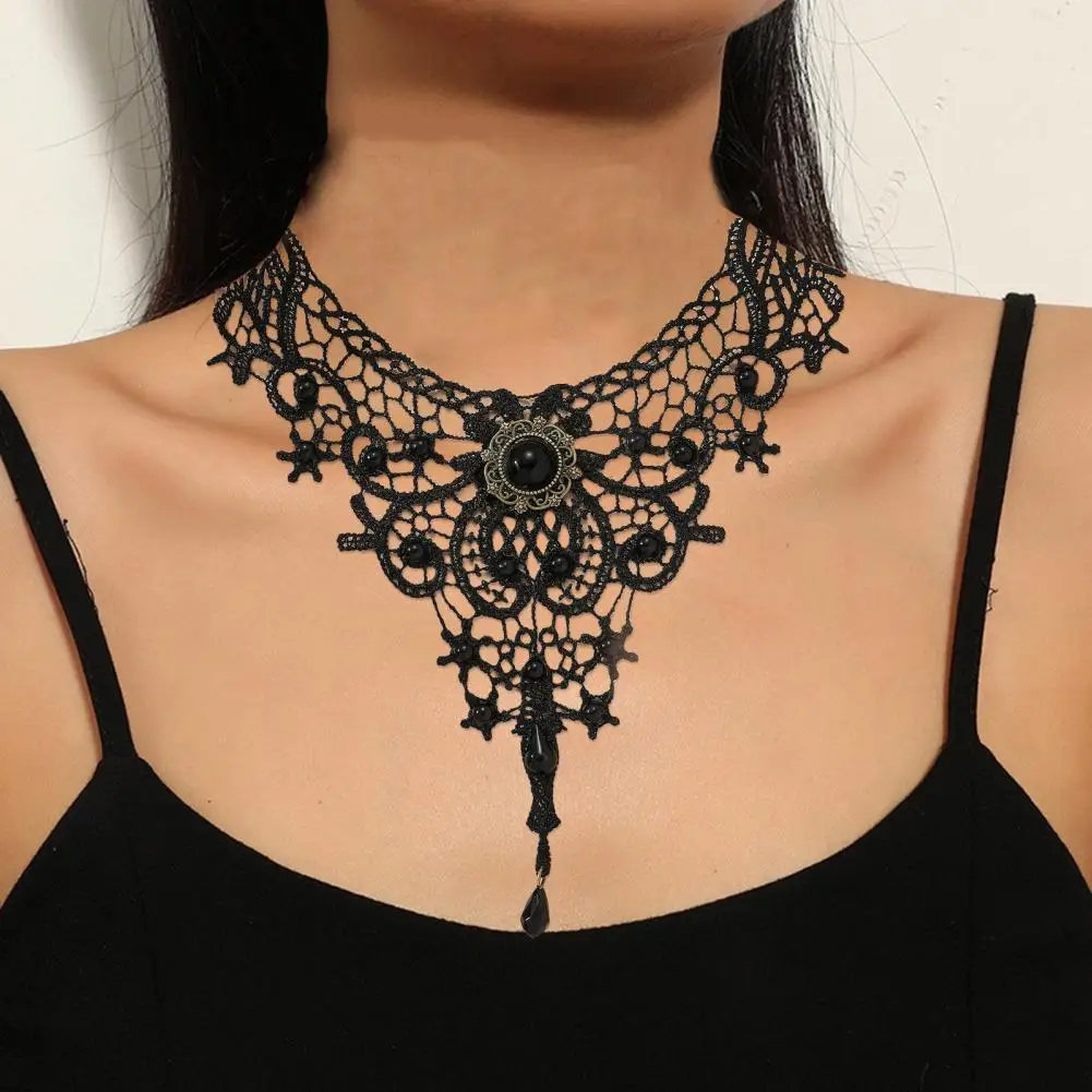 

Pendant Necklace Adjustable Chain Delicate All Match Retro Daily Wear Lace Crochet Dark Style Choker Necklace Jewelry Supply