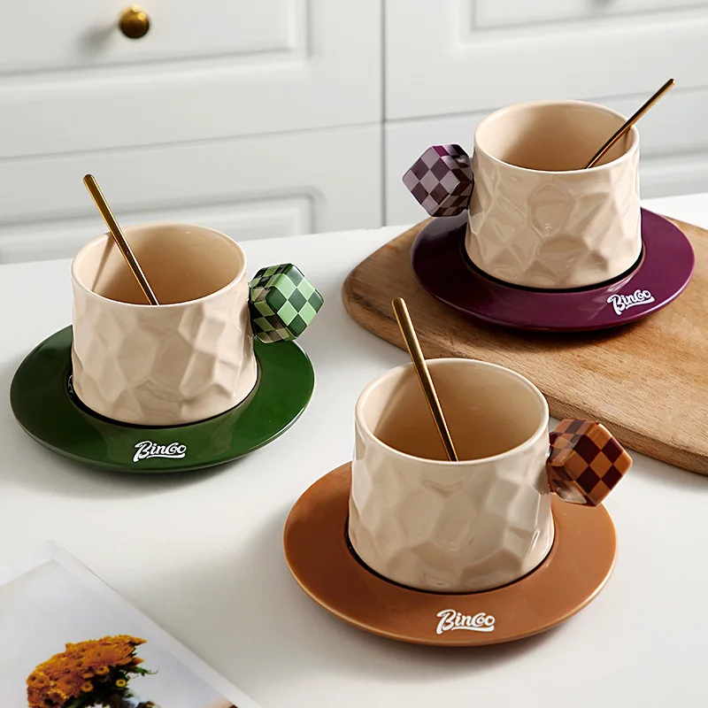 

American Stone-grained Ceramic Coffee Cup and Saucer Set Mug with Spoon, High Beauty, Small Design Sense, Exquisite and High-end