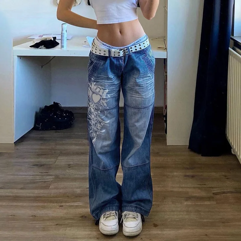 Street-style Jeans Women Irregular Printed Loose Pants Low Waist Pleats Washed Into Old Multicolor Straight Jeans