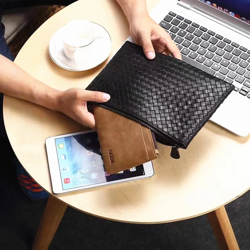 

High quality genuine leather designer clutch wallet wallet for men fashion brand 100% sheepskin woven business casual envelope b