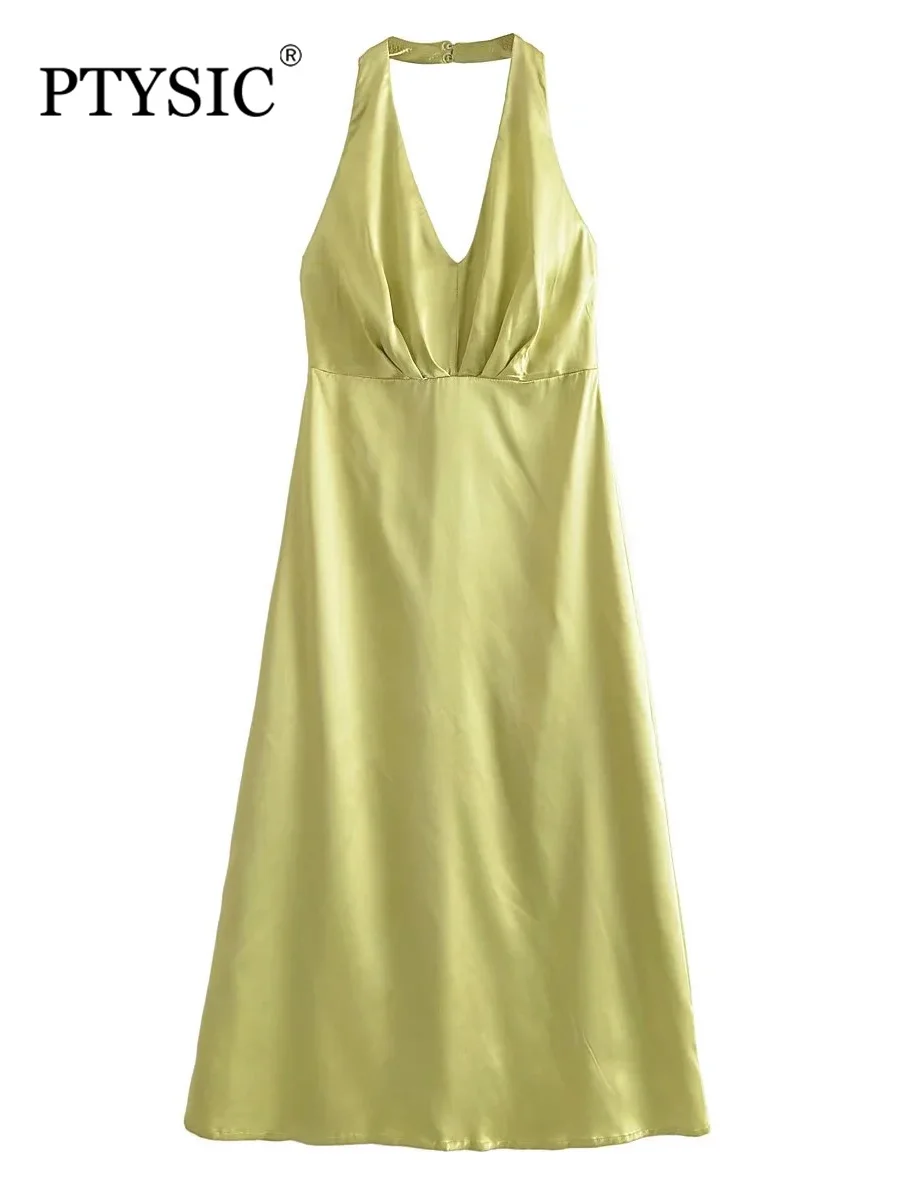 

PTYSIC женское модное однотонное платье без бретелек с воротником-халтером 2022 Летние регулируемые бретельки с открытой спиной сексуальные же...