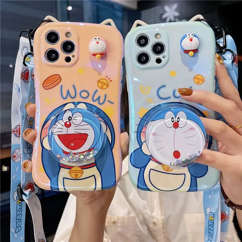 

Симпатичный Doraemon Douraeman с подставкой вращающаяся 3D кукла ремешок кошачьи уши телефонные чехлы для iPhone 13 12 11 Pro Max XR XS MAX задняя крышка