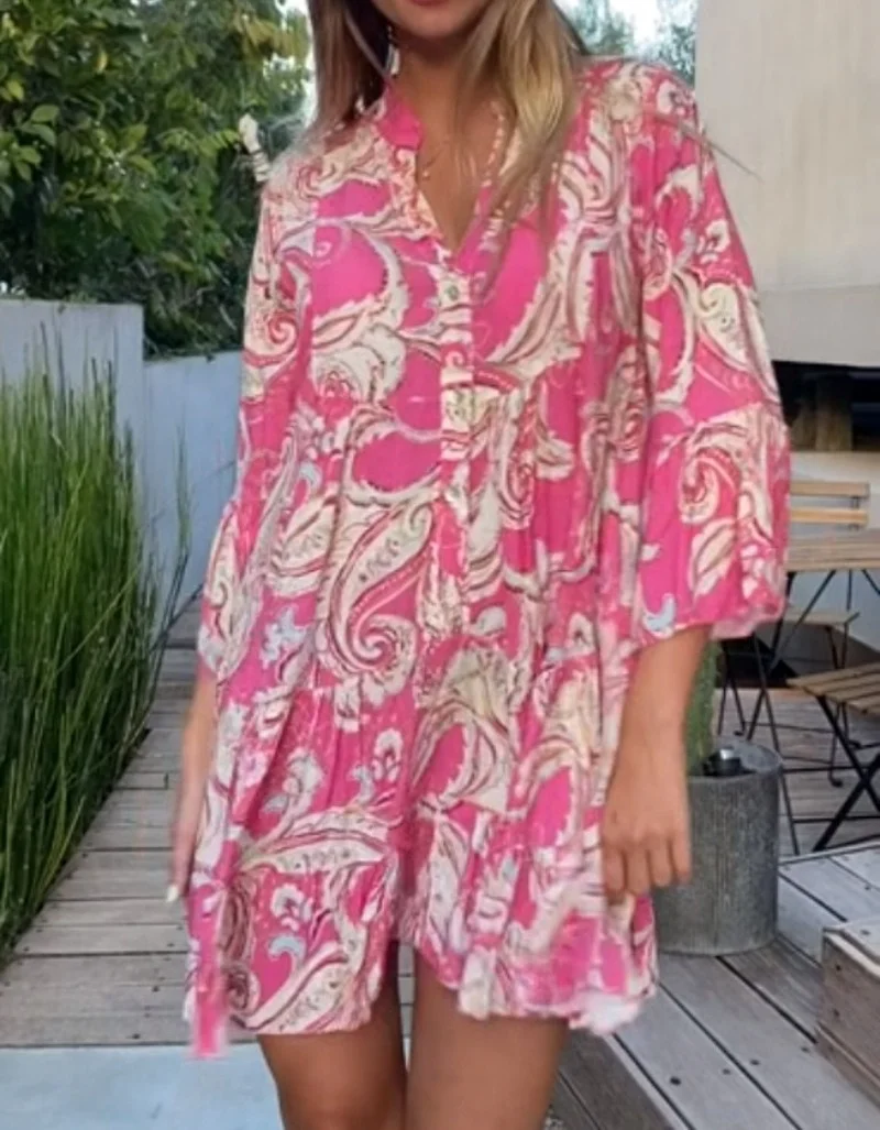 

Fashion Beach Loose Oversized Dress Women Boho Printed Casual Flared Sleeve Pleated Mini Dresses Big Swing Party V-Neck Vestidos