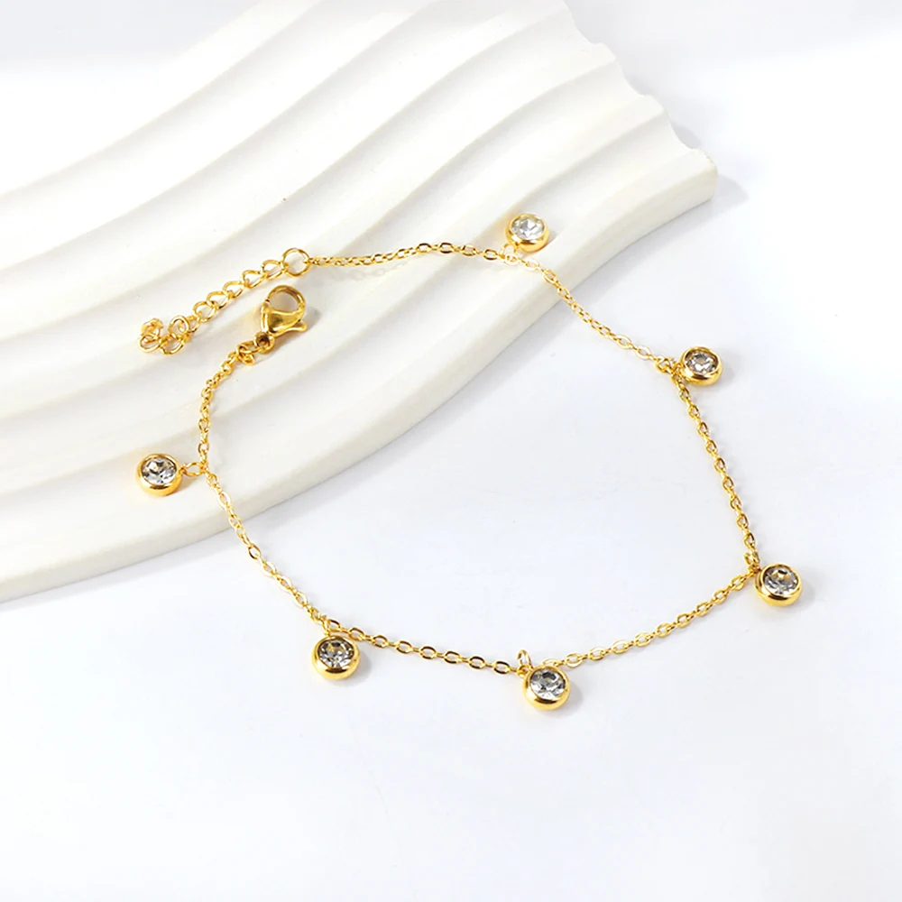

New Trendy Delicate Cubic Zirconia With Crystal Anklets Gold Color High Quality Stainless Steel For Women Summer Beach Jewelry