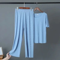 summer womens loose ice silk cool thin top high waist wide leg pants home casual pajamas womens plus size trousers suit