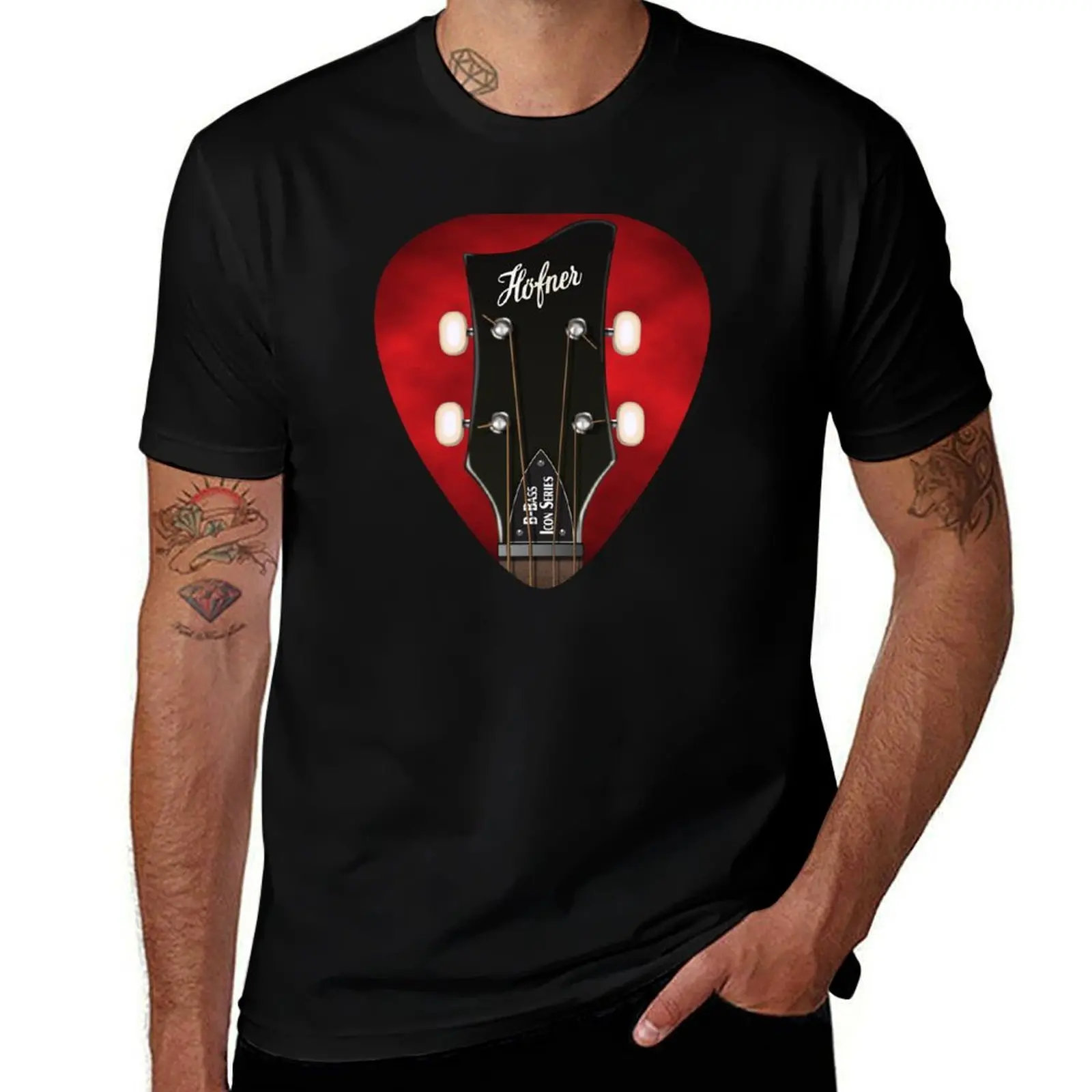 Фото Футболка с винтажным принтом GUITAR HEADSTOCK PICK ART - HOFNER B-BASS, футболка с круглым вырезом и винтажным принтом №1