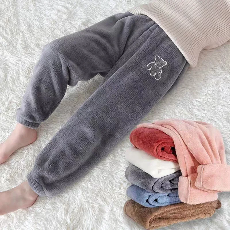 Winter Girl Coral Fleece Pant Leggings Kid Solid Thick Warm Trousers 3-10Y Child Clothes Fall Boys Elastic Waist Loose Sweatpant