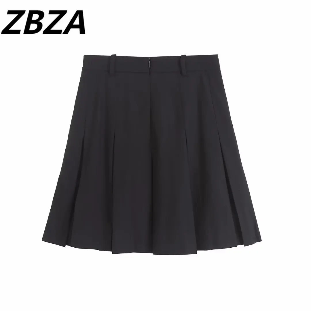 

ZBZA Women 2023 spring New Fashion Wide fold Mini Skirt Vintage High Waist Back Zipper Female Skirts Mujer