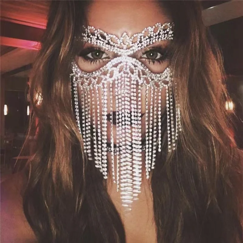 

Ins bloggers promote sexy exaggerated Rhinestone tassel mask fashion makeup ball jewelry mask jewelry